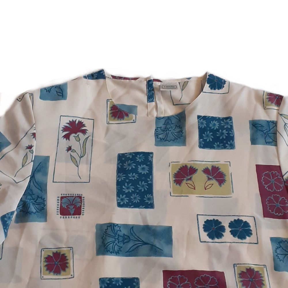 Size 18 Vintage C&A Canda White & Floral Semi Sheer Chiffon Top - Picture 2 of 5